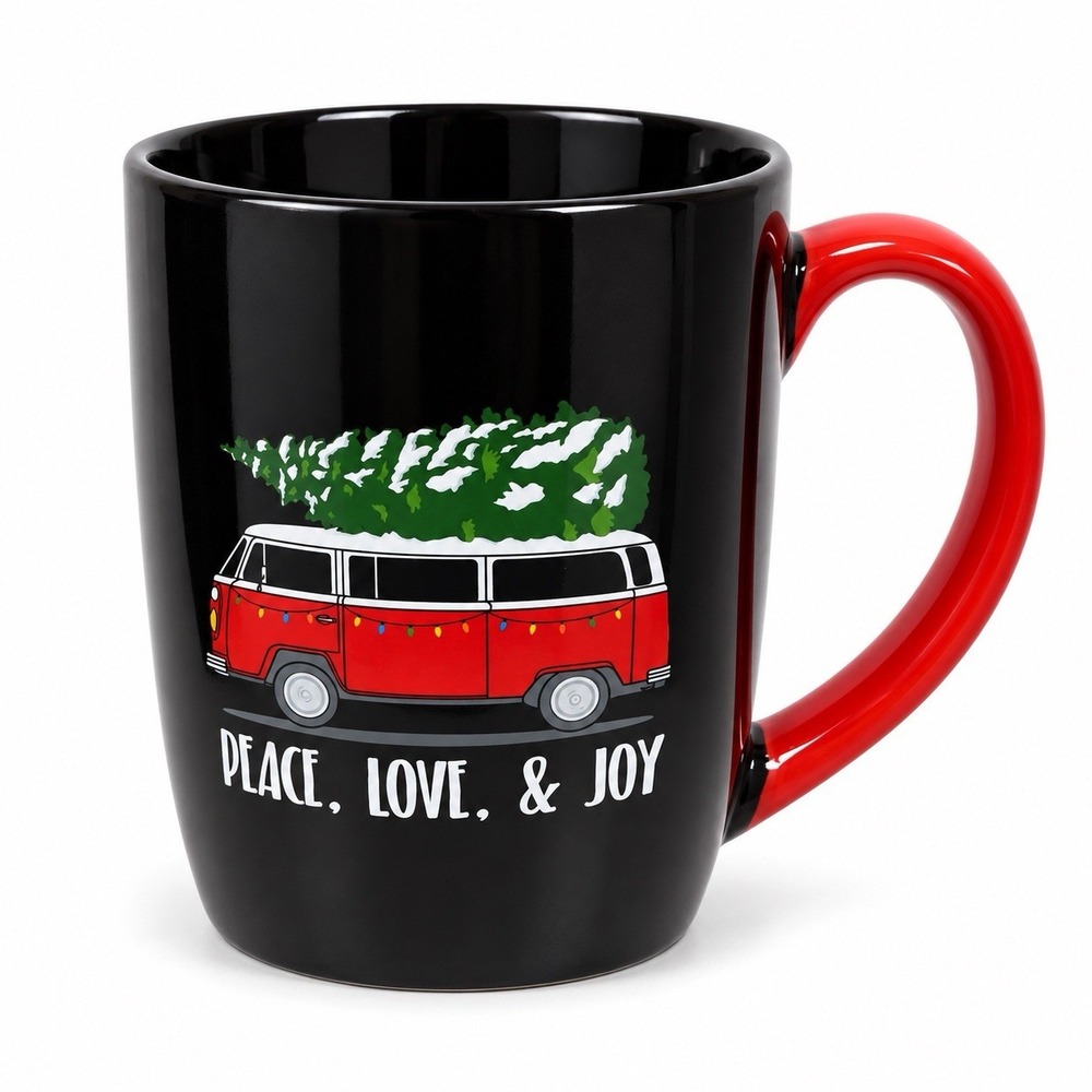 2 Pc. VW Bus Holiday Mug Peace, Love, & Joy Volkswagen-Black Red-Christmas EUC